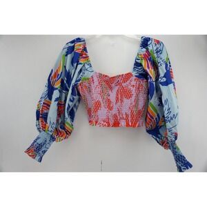 Farm Rio Smocked Cropped Top Square Neck Puff Balloon Sleeve Tropical Bird Small